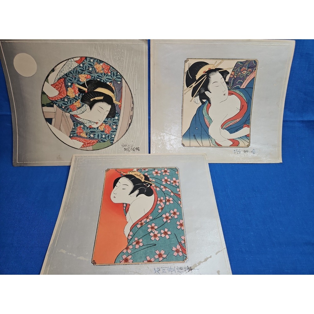 3 Japanese Woodblock Print Ukiyo-e Geisha Shunga Eisen Tsukioka Yoshi Utagawa